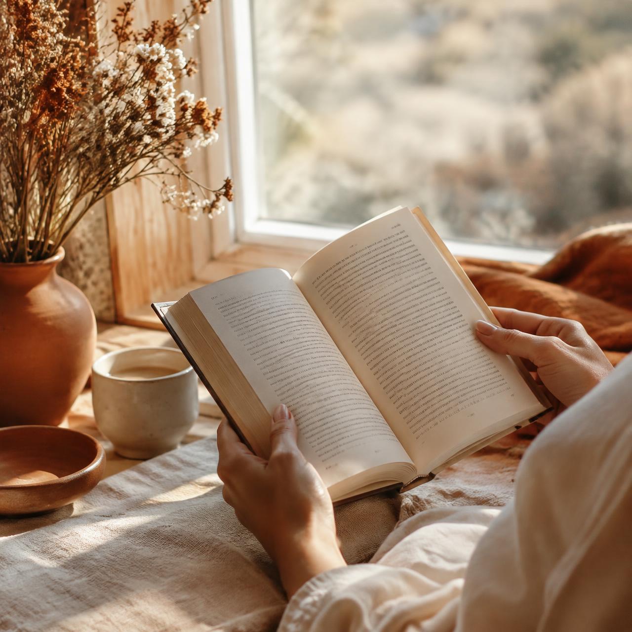 Mulher lendo um livro à luz da janela
